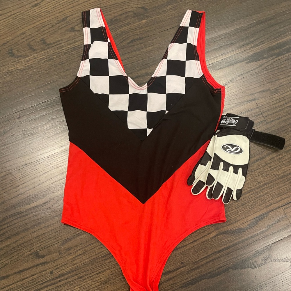 Red and Black Checkered One Piece.  I used for a race car girl for Halloween